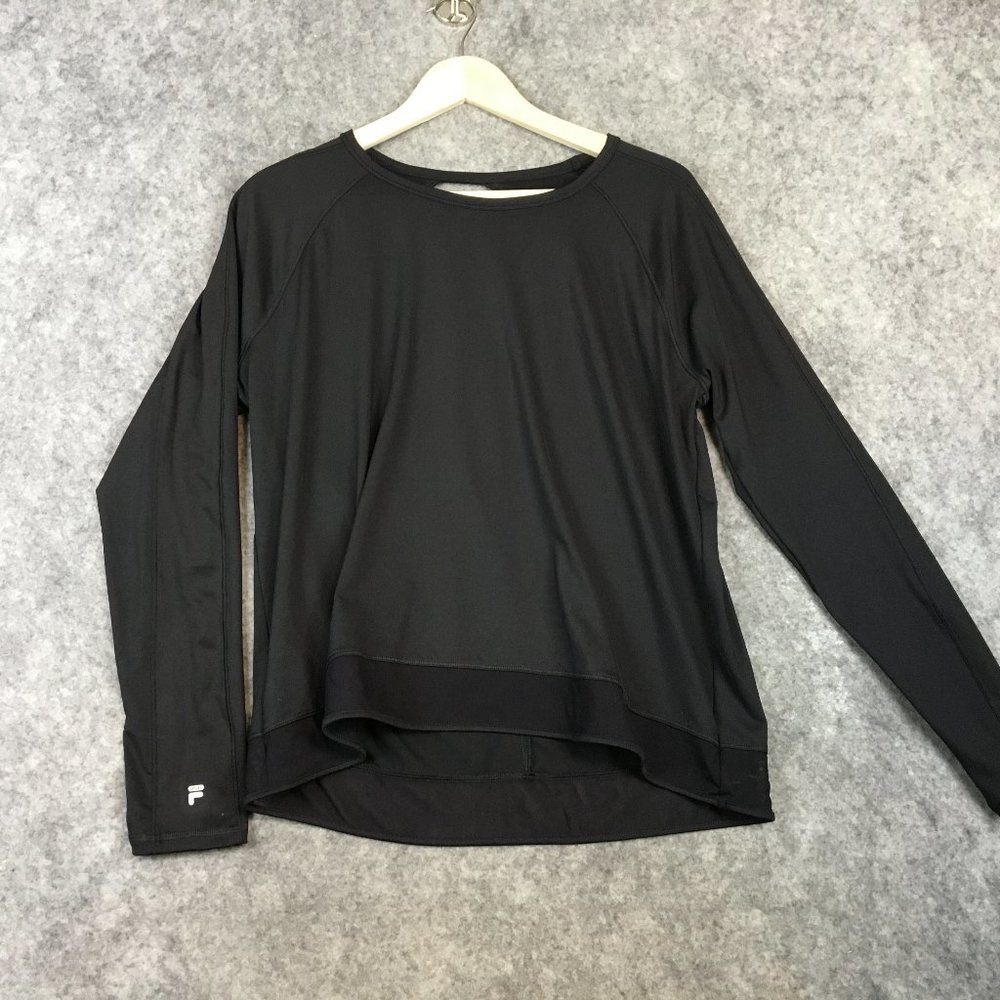 Fila Sport Top L Solid Black Open Cutout Back Sheer Chiffon Hem Scoop Neck Activ
